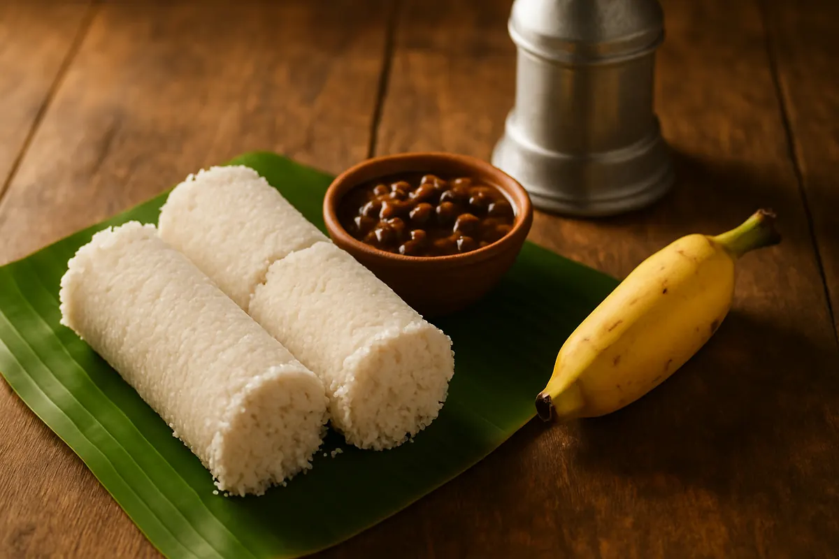 Kerala puttu: steamed cylinders of rice flour layered with grated coconut, served on a plate