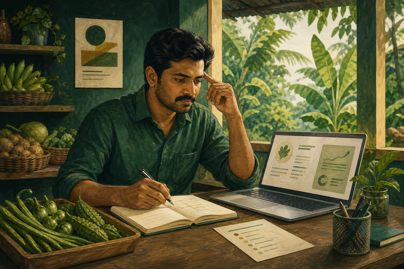 കടയിൽ ലാപ്‌ടോപ്പിലെ നിർദ്ദേശവും സ്വന്തം കുറിപ്പുകളും താരതമ്യം ചെയ്യുന്ന ഒരാളുടെ ചിത്രീകരണം.