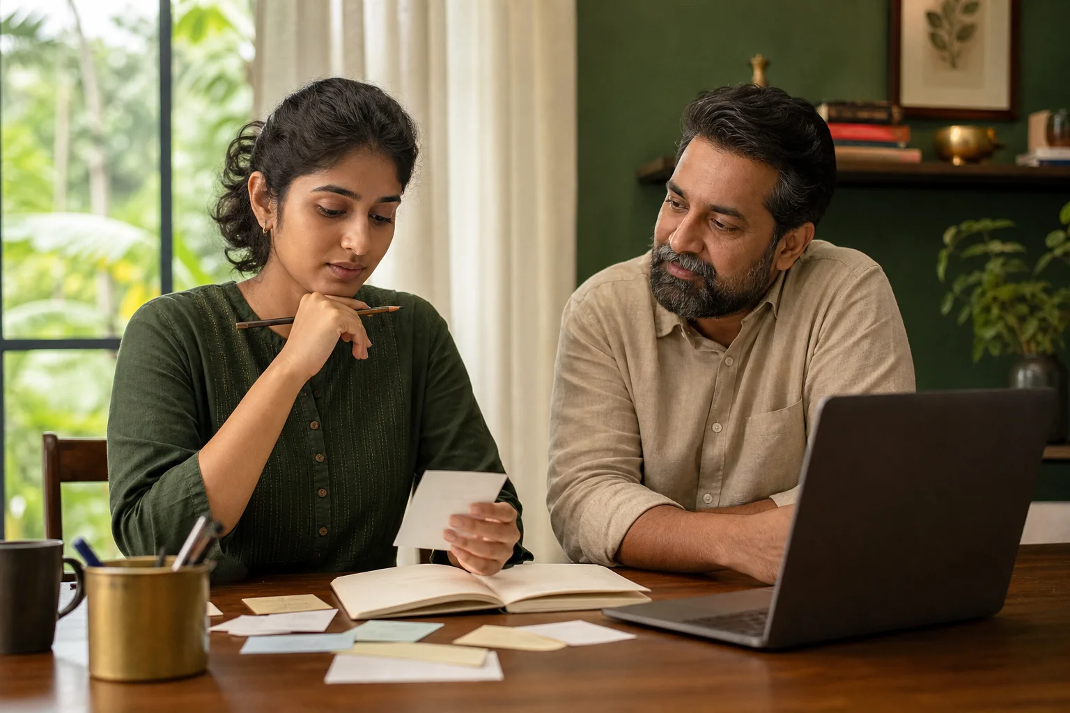 കുറിപ്പുപുസ്തകവും ലാപ്ടോപ്പും സമീപത്തുവെച്ച് സംസാരിക്കുന്ന രണ്ട് സാങ്കൽപ്പിക വ്യക്തികൾ.