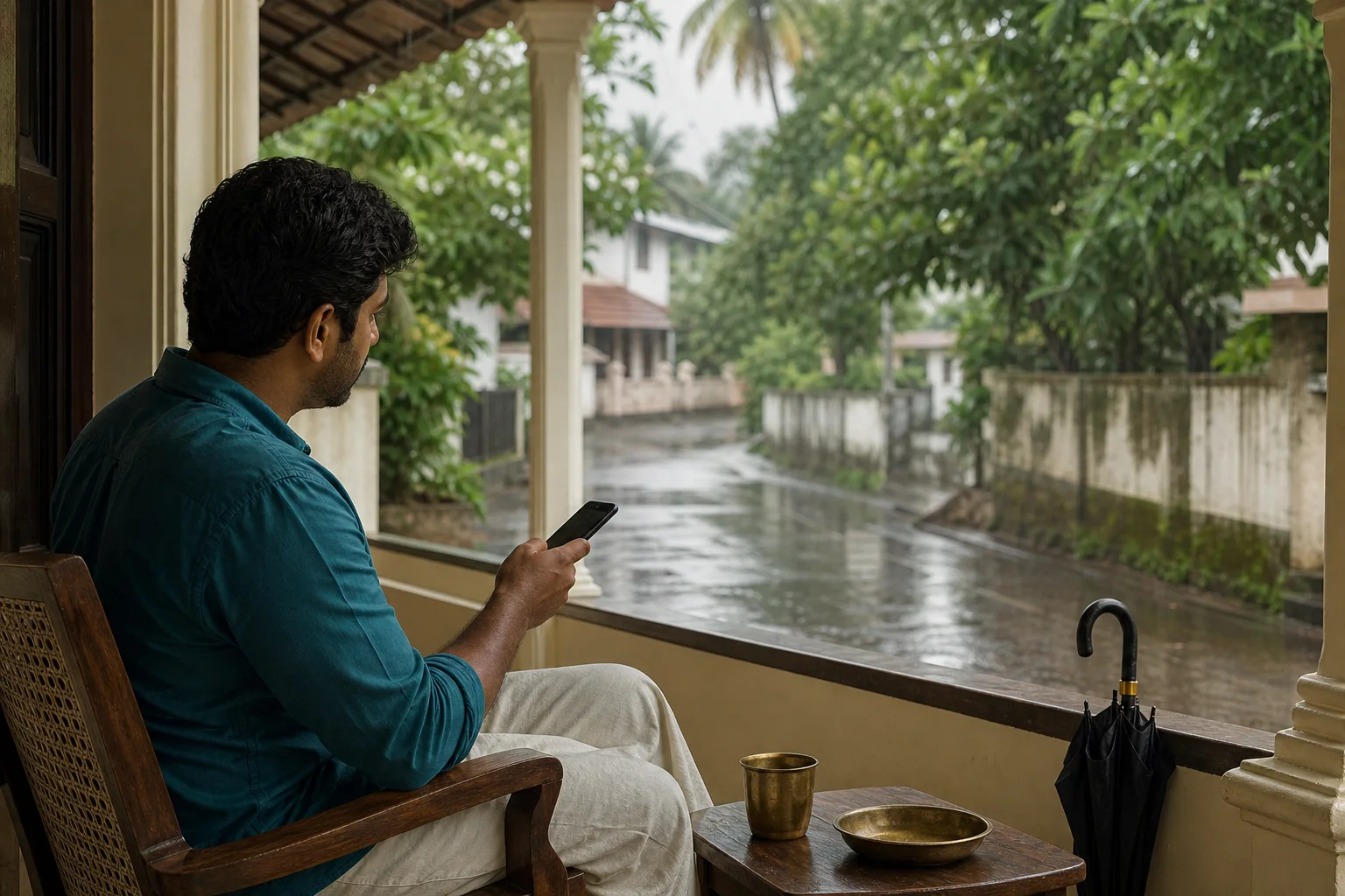 കേരളത്തിലെ വരാന്തയിൽ നിന്ന് മഴ നോക്കി ഫോൺ പരിശോധിക്കുന്ന സാങ്കൽപ്പിക വ്യക്തി.
