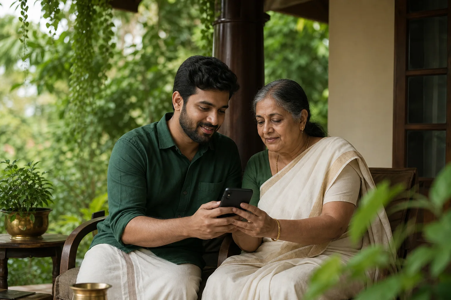 വീട്ടിൽ അമ്മയെ ഫോൺ ഉപയോഗിക്കാൻ സഹായിക്കുന്ന മകന്റെ സാങ്കൽപ്പിക ചിത്രം.