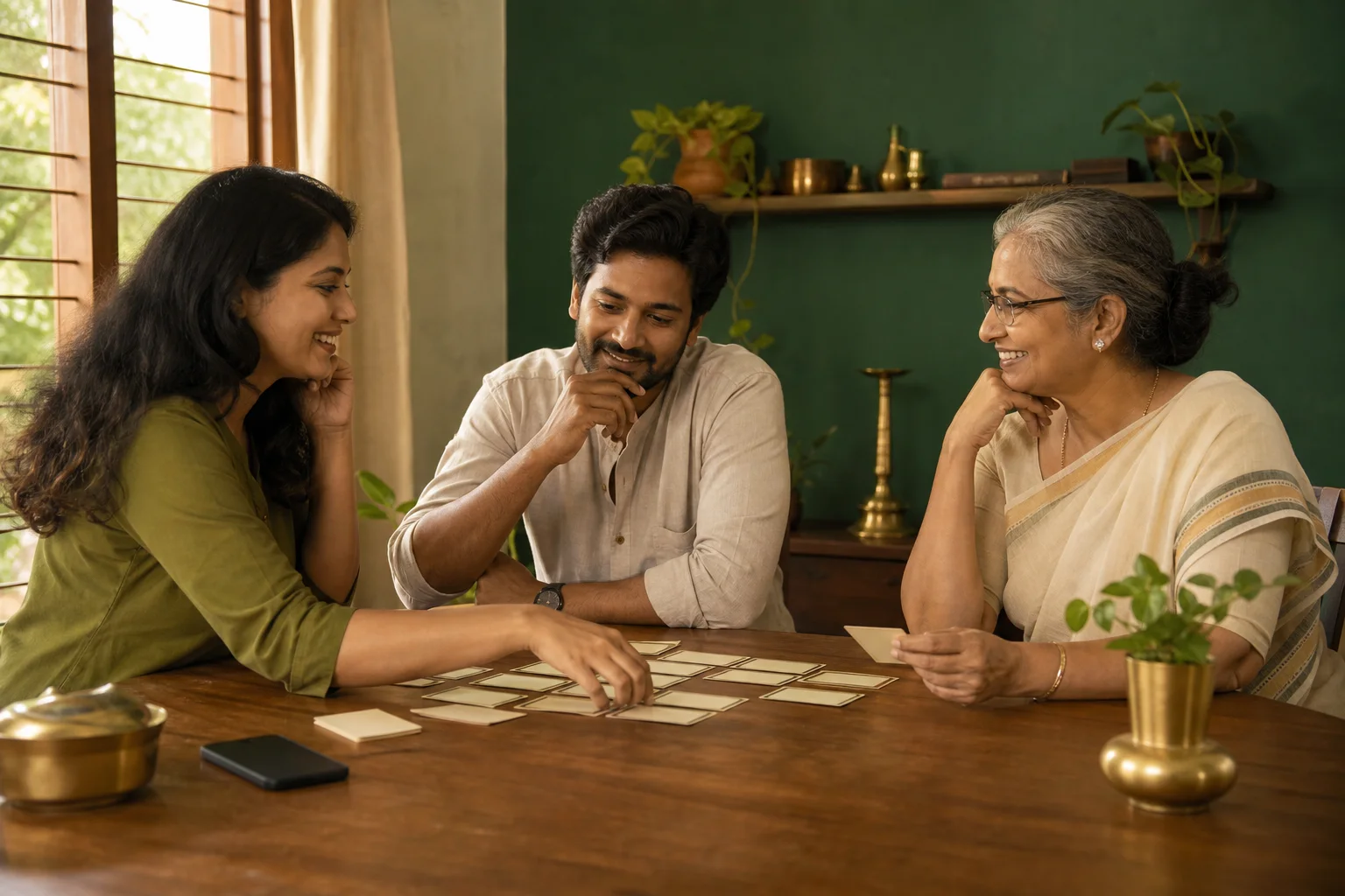 മേശയ്ക്കുചുറ്റും വാക്കുകളുമായി ബന്ധപ്പെട്ട കളിയിൽ പങ്കെടുക്കുന്ന സാങ്കൽപ്പിക വ്യക്തികൾ.