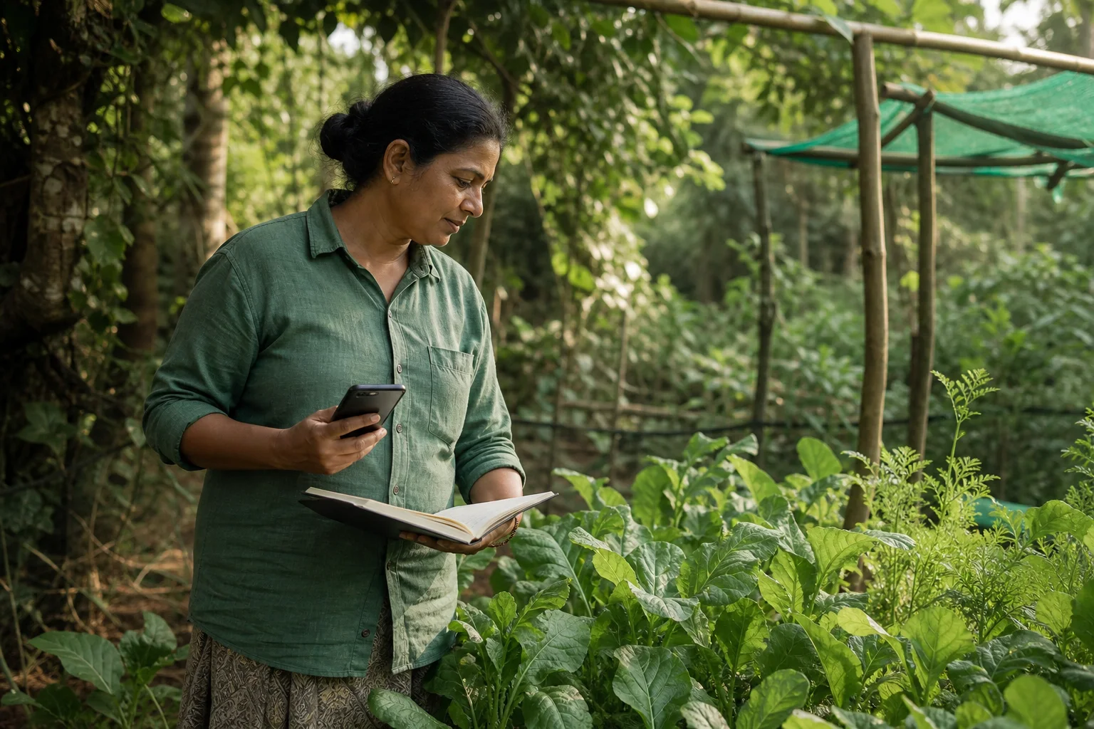 പച്ചക്കറിത്തോട്ടത്തിനരികിൽ കുറിപ്പുകൾ പരിശോധിക്കുന്ന സാങ്കൽപ്പിക കർഷകയുടെ ചിത്രം.