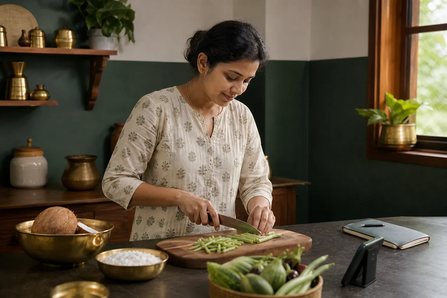 കുറിപ്പുകളും ഫോണും സമീപത്തുവെച്ച് പച്ചക്കറികൾ തയ്യാറാക്കുന്ന സാങ്കൽപ്പിക വ്യക്തി.