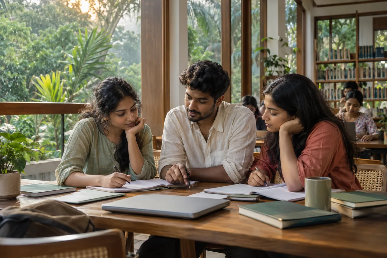AI-generated scene of three adult learners studying together in a sunlit Kerala library.