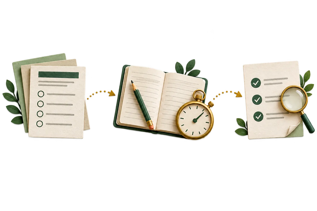 A paper-cut illustration of exam papers, a notebook with a timer, and a checked answer sheet connected by arrows.