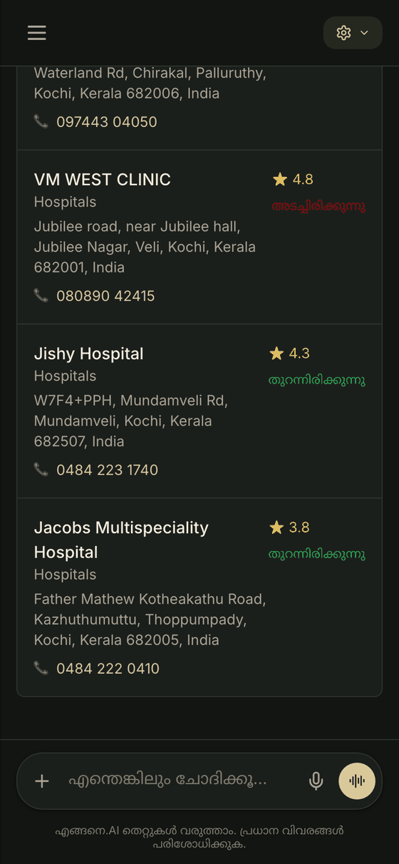 Kochi hospital listings from Naatil.com inside Engane.AI — ratings, open or closed now, and phone numbers